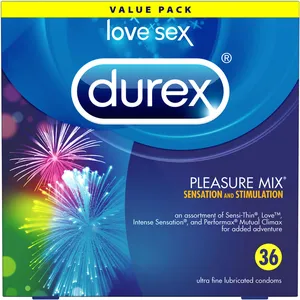 Durex Pleasure Mix Value Pack Condoms - Variety of 36 Lubricated Latex Condoms for Maximum Pleasure