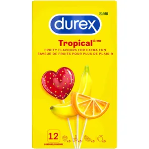 Durex Tropical Lubricated Condoms - Flavored Strawberry, Apple, Orange & Banana - Extra Lubricated