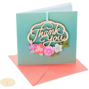 Elegant Papyrus Thank You Card - 5.75" Square - Wood Wreath Design with Glitter Accents