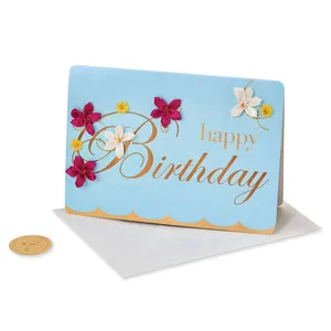 Exquisite Papyrus Birthday Card with Embroidered Flowers, Metallic Gold Foil, 5x7 Inches