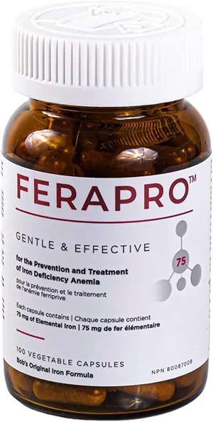 Ferapro Iron Supplement - 75mg Elemental Iron with Vitamin C & Methylcobalamin, 100 Capsules