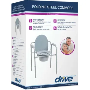 Folding Steel Commode with 7.5 qt Bucket, Durable, Portable, Comfortable Arms