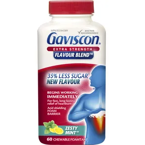 Gaviscon Extra Strength Zesty Mint Tablets for Heartburn Relief - 60 Count, Gluten & Lactose Free