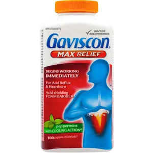 Gaviscon Max Relief Chewable Foamtabs Peppermint 100 Count for Heartburn & Acid Reflux Relief