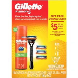 Gillette Fusion5 Men's Razor with 4 Blade Refills & 7oz Ultra Sensitive Shave Gel