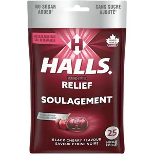 Halls Relief Mentho-Lyptus Black Cherry Cough Drops - 25 Sugar-Free Lozenge Pack for Cough Relief