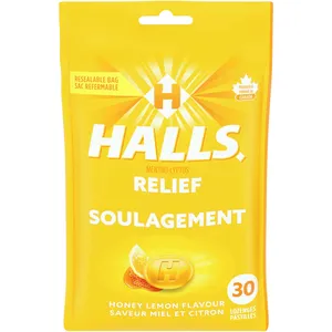 Halls Relief Mentho-Lyptus Honey Lemon Cough Drops - 30 Count for Soothing Throat Relief