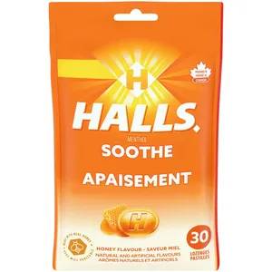 Halls Soothe Menthol Honey Cough Drops - 30 Count - Quick Relief for Sore Throats & Coughs