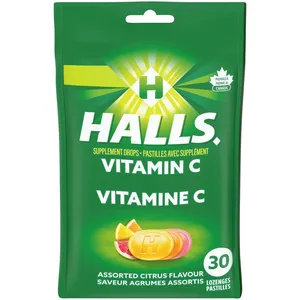 Halls Vitamin C Assorted Citrus Flavour Drops - Immune Support, 30 Lozenges, Great Taste
