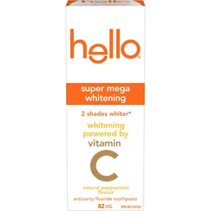 Hello Super Mega Whitening Toothpaste 82 mL - Fluoride, Natural Peppermint, Vegan, SLS Free
