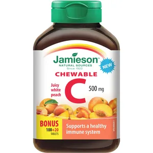 Jamieson Chewable Vitamin C 500 mg - Delicious White Juicy Peach Flavor for Immune Support