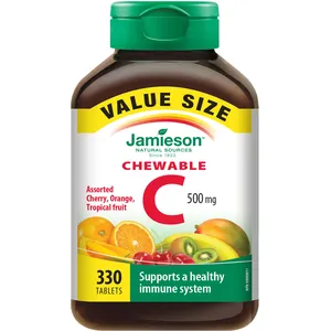 Jamieson Chewable Vitamin C 500 mg - Mixed Fruit Flavours Value Pack for Immunity & Antioxidants