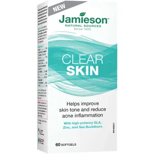 Jamieson Clear Skin Softgels with Sea Buckthorn, GLA, and Vitamins for Acne Inflammation Relief