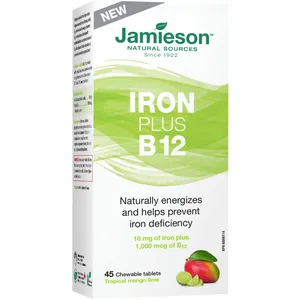 Jamieson Iron Plus Vitamin B12 - Chewable Tropical Mango Lime Flavor - Energy Support Supplement