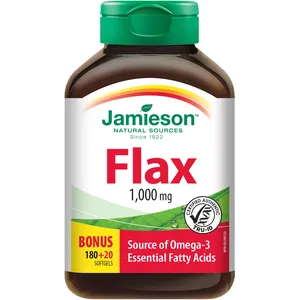 Jamieson Organic Flax 1,000 mg Omega-3 Essential Fatty Acids Softgels - Non-GMO, Hexane-Free