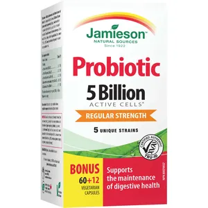 Jamieson Probiotic 5 Billion CFU - Digestive Health Support, Vegetarian Capsules, Non-GMO