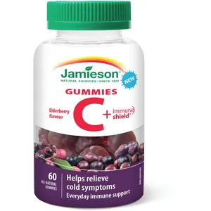 Jamieson Vitamin C + Immune Shield Gummies with Zinc & Elderberry, 125 mg, Daily Immune Support