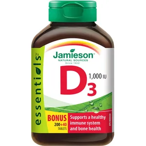 Jamieson Vitamin D 1,000 IU Tablets for Bone Health & Immune Support â€“ Non-GMO, 30 Count