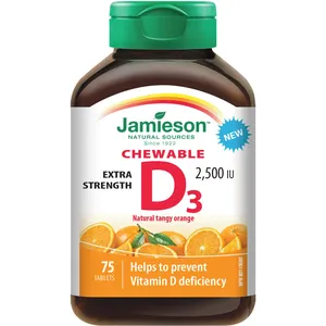 Jamieson Vitamin D 2500 IU Chewable Tablets, Natural Orange Flavor, Gluten-Free, Extra Strength