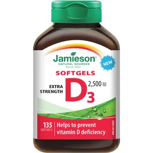 Jamieson Vitamin D 2500 IU Softgel - Non-GMO, Gluten-Free, Convenient One-Per-Day Supplement