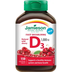 Jamieson Vitamin D Fast Melt Cherry 1000 IU Tablets for Immune & Bone Health - Quick Dissolve