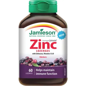 Jamieson Zinc Lozenge Elderberry - Immune Support with Vitamin C, D3, Echinacea - Honey Lemon Flavor