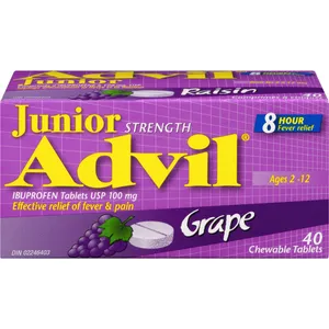 Junior Strength Advil Chewable Tablets 40 Count - Grape Flavor Pain Reliever for Kids 2-12 Years