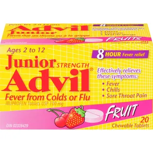 Junior Strength Advil Chewable Tablets, Fruit Flavor – 20 Count, Pain & Fever Relief for Kids