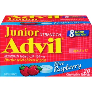 Junior Strength Advil Chewable Tablets for Kids, Blue Raspberry Flavor, 20 Count Pain Relief