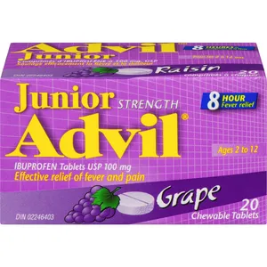Junior Strength Advil Ibuprofen Chewable Tablets for Kids, Grape Flavor, 20 Count, Pain Relief