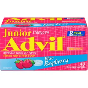 Junior Strength Advil Pain Reliever, Blue Raspberry Flavor, 40 Chewable Tablets for Kids