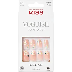 KISS Voguish Fantasy Nails - Nude Medium Coffin, Trendy Daisy Design, High Shine, 4WD