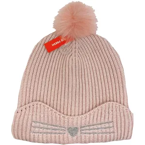 Kid Girl Pom Beanie with Cat Ears - Pink - Size L/XL for Stylish Winter Warmth