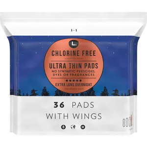 L. Chlorine Free Ultra Thin Overnight Pads - Organic Cotton, 36 Count, No Fragrance or Dyes