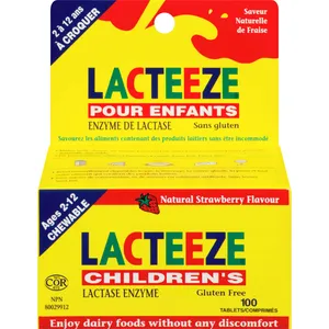 Lacteeze for Children - Natural Strawberry Chewable Tablets for Lactose Intolerance Relief