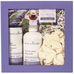 Lavender Bath Gift Set - Body Milk & Shower Gel 250 mL with Bamboo Bath Puff for Relaxation