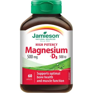 Magnesium 500 mg + D3 500 IU Caplets for Bone & Muscle Health, High-Potency Formula