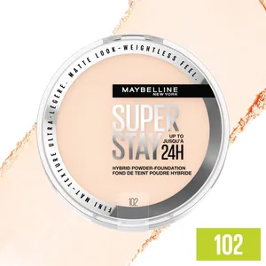 Maybelline Super Stay 24 Hour Hybrid Powder Foundation - Waterproof, Vegan, Mattifying, 102, 6g