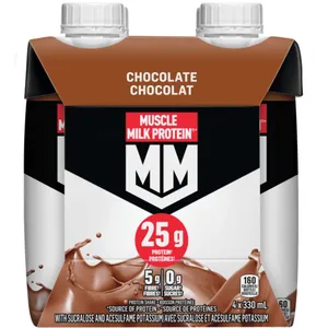 Muscle Milk Protein Shake Chocolate 4x330mL - 25g Protein, 0g Sugar, 5g Fiber for Muscle Recovery