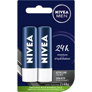 NIVEA MEN Active Care Lip Balm 2x4.8g - 24 Hours Moisture, Shea Butter, Avocado & Jojoba Oils
