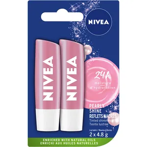 NIVEA Pearly Shine Lip Balm 2x4.8g - Long-Lasting Moisture, Pearl & Silk Extracts, Irresistibly Smooth