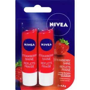NIVEA Strawberry Shine Lip Balm 2x4.8g - Fruity Aroma, Shimmering Pigments, Moisturizing Care