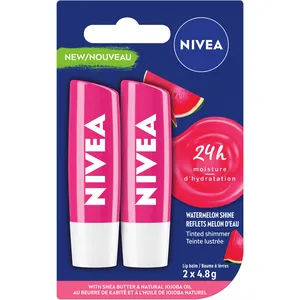NIVEA Watermelon Shine Lip Balm Duo - 24h Moisture, Tinted with Subtle Pink Shine, Delicious Flavor
