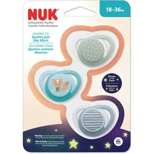 NUK Orthodontic Pacifier 3 Pack for 18-36 Months - Teal Fox Design with Glow-in-the-Dark Feature