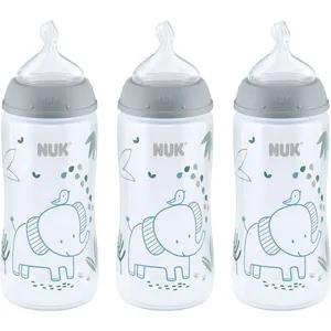 NUK Smooth Flow Bottle 10oz 3 Pack - Woodland Grey Elephant for Anti-Colic Feeding and SafeTemp Indicator
