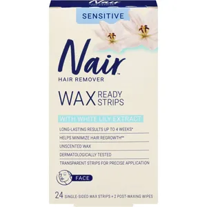 Nair Wax Ready-Strips for Face, Unscented for Sensitive Skin with White Lily â€“ 24 Strips