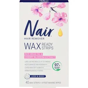 Nair Wax Ready-Strips for Legs & Body with Rice Bran Oil, 40 Strips, Smooth Skin Up to 4 Weeks