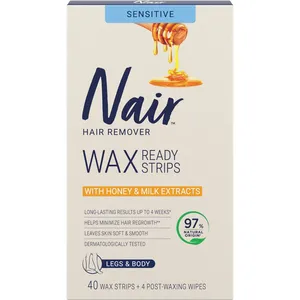 Nair Wax Ready-Strips for Legs and Body with Honey & Milk Extracts, 40 Strips for Sensitive Skin