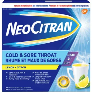 NeoCitran Cold & Sore Throat Night Lemon 10 Pack - Effective Relief for Cold & Flu Symptoms