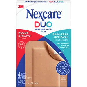 Nexcare Duo Adhesive Gauze Pads - Pain-Free, Strong Hold, Flexible, Breathable - Ideal for Cuts & Abrasions